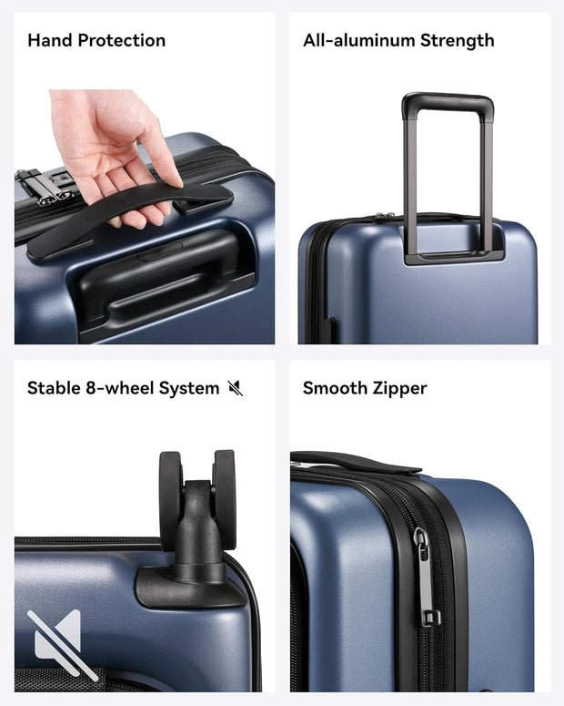 LUGGEX Carry on Luggage 22x14x9 Airline Approved, PC Hard Shell Suitcase with Front Pocket, Expandable Luggage with USB Port (Blue, 20 Inch, 37L)