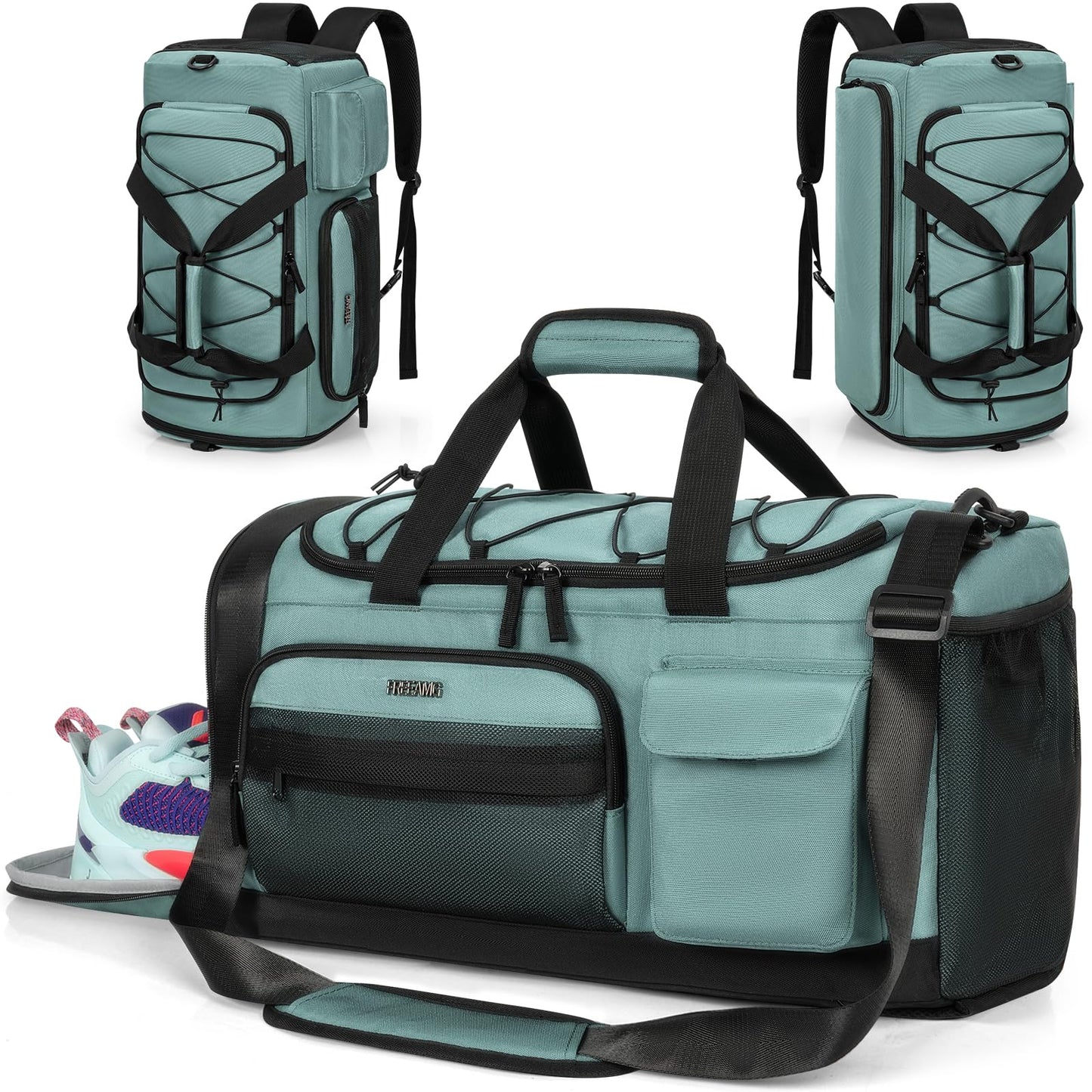 Gym Bag for Men Women, Water-resistant Sports Duffle Backpack, Travel Duffle Bag with Shoe Laptop Compartment, Weekender Overnight Carry On Backpack for Gym Travel (Black)