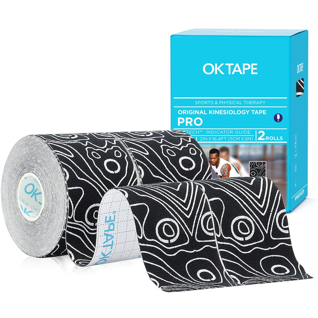 OK TAPE PRO Kinesiology Tape Uncut Roll, Elastic Physical Therapy Athletic Tape for Pain Relief, Muscle Support, Kinetic Tape, Water Resistant, 2in X 16.4ft -Black 2 Rolls