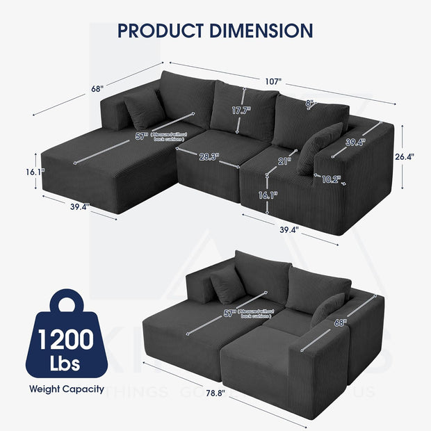 KINGYES Modular Sectional Sofa, 107'' Cloud Couch for Living Room, L Shaped Modern Sectional Sofa with Chaise for Bedroom, Grey