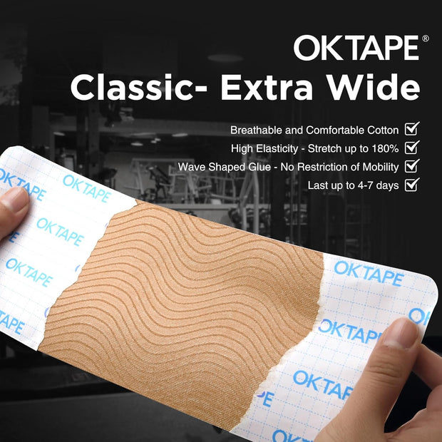 OK TAPE Extra Wide Kinesiology Tape, Precut K Tape Strips, Elastic Physical Therapy Athletic Tape for Pain Relief & Joint Support | Back, Shoulder, Knee (4" x 10" - 10Pcs) Beige