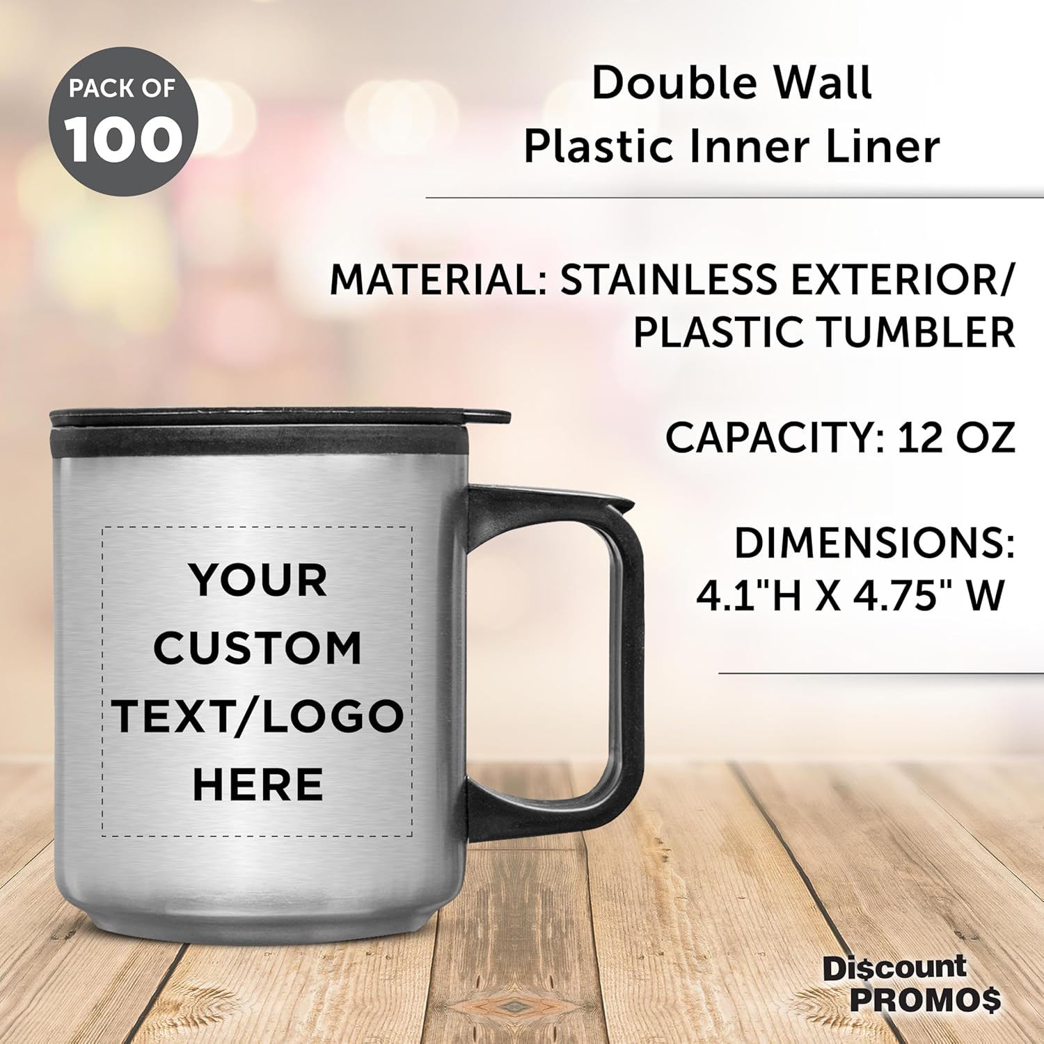 DISCOUNT PROMOS Custom Stainless Steel Travel Mugs with Handle 12 oz. Set of 100, Personalized Bulk Pack - Perfect for Coffee, Soda, Other Hot & Cold Beverages - Stainless Steel