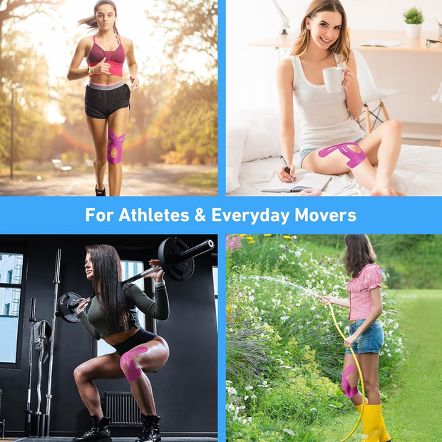 PreCut Kinesiology Tape for Knees, 12 PCS Waterproof KTQUICK Knee Tape for Knee Pain Relief Pre Cut, Original Cotton Athletic Knee Tape, Waterproof & Hypoallergenic Latex-Free for Sports (Black)