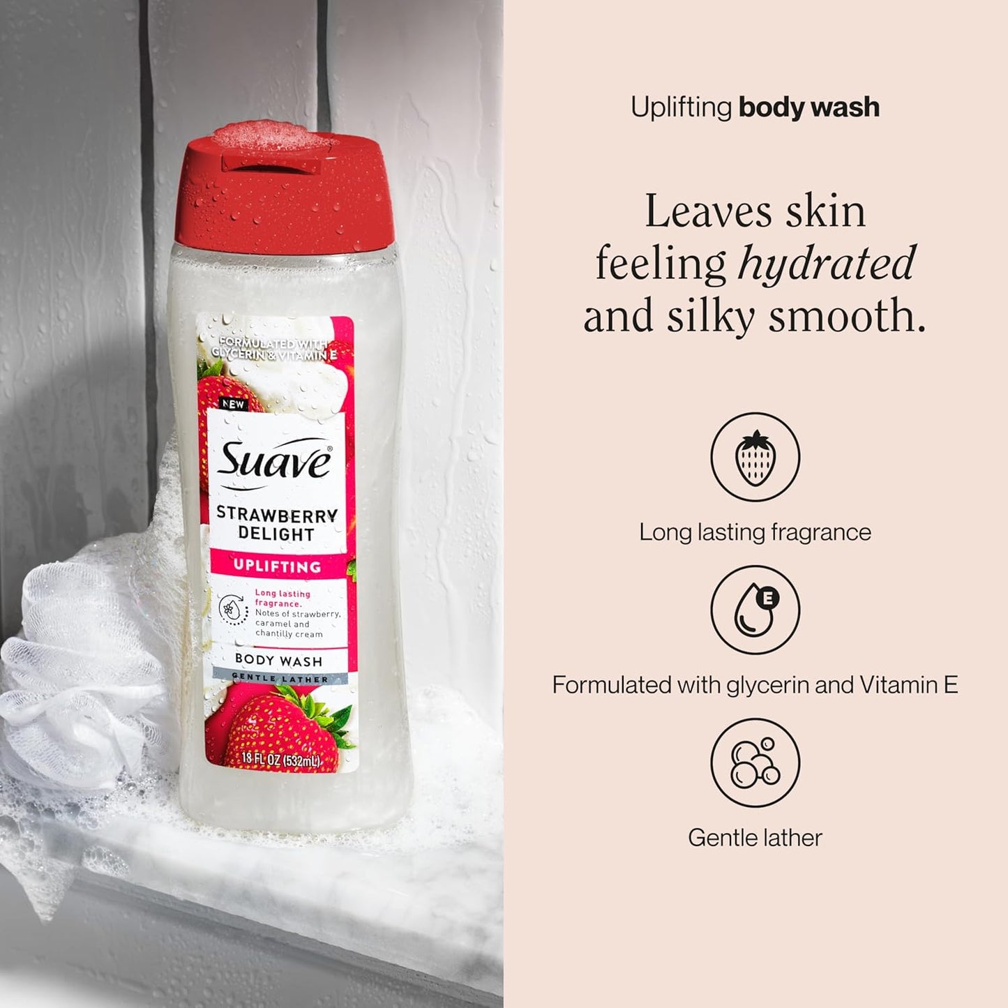 Suave Strawberry Delight Uplifting Body Wash, Formulated with Glycerin and Vitamin E for Hydrating and Gently Cleansing Skin, 18 oz, 6 Pack