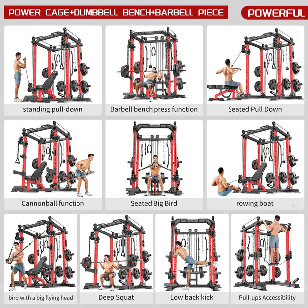 Power Cage Multi-Function Power Rack with Cable Crossover System,1800 LBS Capacity Squat Rack with Weight Bench,for Home Gym