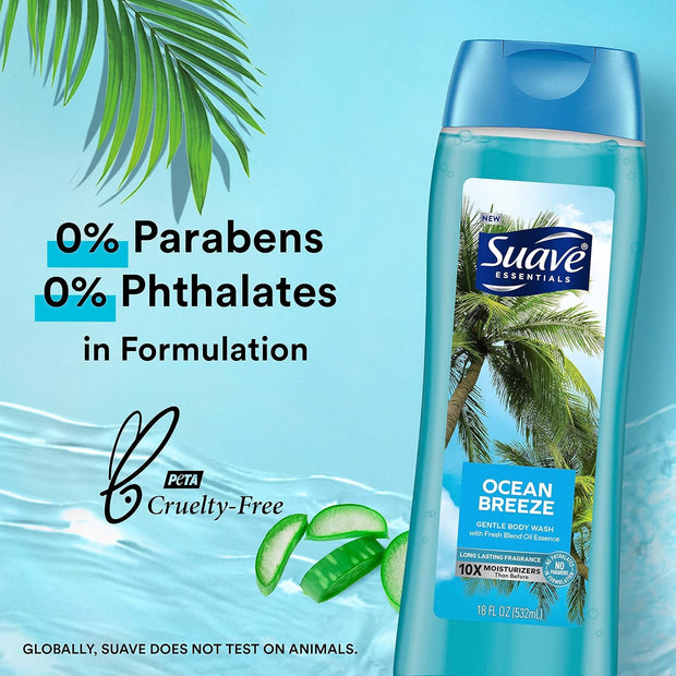 Suave Moisturizing Body Wash, with Ocean Breeze Scent and Vitamin E Extract, No Parabens, No Phtahaltes, 18 Oz Pack of 6