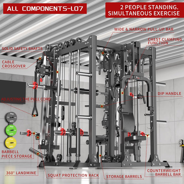 Smith Machine with Cable Crossover System, Multi-Function Squat Rack Power Cage for Home Gym, Power Rack and Packages Weight Sets