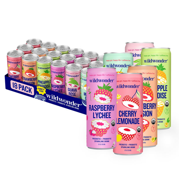 wildwonder Sparkling Probiotic Drink 12pk, For Gut Health & Immune Support, Classic Variety Pack, 5g Prebiotic Fiber, Live Probiotics, Organic, Vegan, Low Sugar, 12 Pack, 12oz Can, Seen on Shark Tank