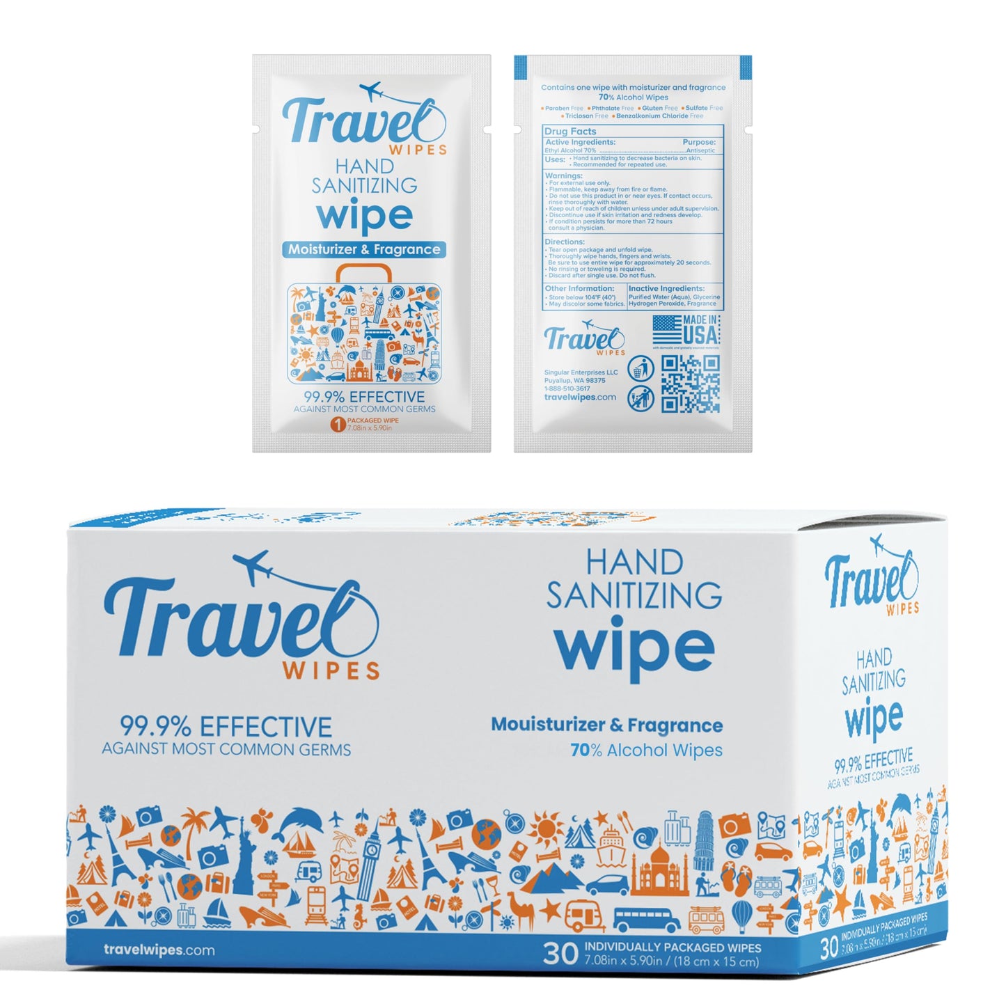 Hand Sanitizing Travel Wipes – 30ct Individually Wrapped | Fragrance-Free, Moisturizing, 70% Isopropyl Alcohol Wipes | Travel, Home, Office, Daily Use | Made in USA