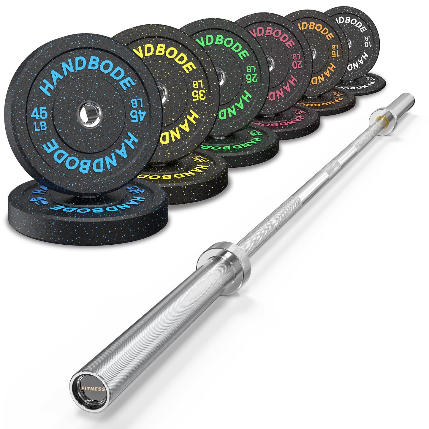 Bumper Plate Olympic Weight Plate Set 2 - Inch, 10-55 lb Barbell Weight Plates for Home Gym, Black Rubber Strength Training Plate for Weight Lifting with 45 lb (20 kg) Black/Silver Barbell