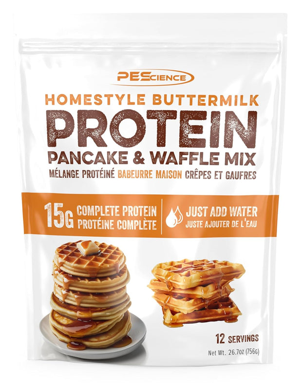 PEScience Protein Pancake & Waffle Mix, Homestyle Buttermilk, 15g High Protein Snacks, Whey and Casein Blend, 12 Servings, Just Add Water