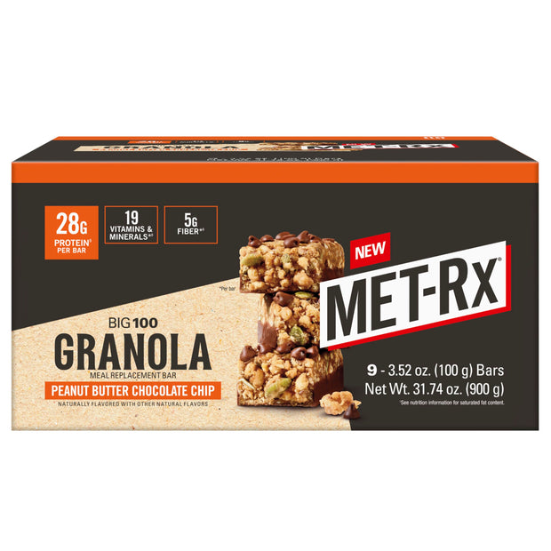 MET-Rx Big 100 Granola Protein Bar, Meal Replacement Bar, 28 G Protein, Chocolate Chip, Pack of 9