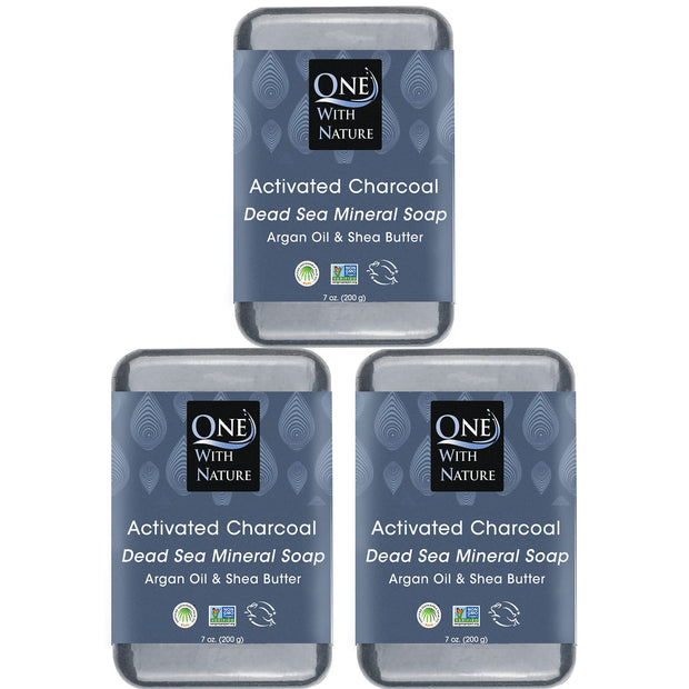 One With Nature Activated Charcoal Soap 4oz 6-Pack Gift Box – Detoxifying and Exfoliating Charcoal Soap Bar with Dead Sea Salt for Face & Body, for Men & Women