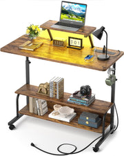 Height Adjustable Standing Desk with Power Outlets and LED Lights - 39" Manual Stand Up Desk with Monitor Stand and Storage Shelves Small Mobile Rolling Computer Desk Portable Laptop Table, Rustic