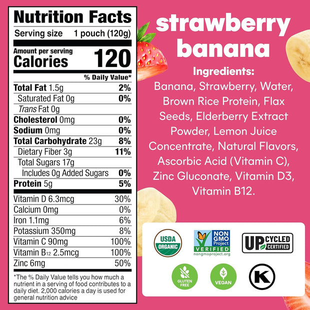 Noka Organic Superfood Fruit Smoothie Pouches, Strawberry Banana with Immune Support, Healthy Snacks with Elderberry, Vitamin C, Flax Seed and Plant Protein, Gluten Free, Vegan, 4.22 oz (12 Pack)