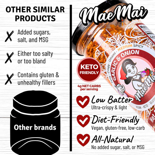 MaeMai Chili Crisp (MEDIUM HOT Spice) - Non-Oily Chili Crisp Topper, Rice Seasoning, Ramen Topper, Furikake, Umami Onion & Garlic Flakes | 4.41oz (125g) Resealable Bottle