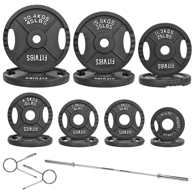 Olympic 2-Inch Cast Iron Barbell Set, 5FT/7FT Olympic Barbell with 85LB-255LB Weight Plates, Multiple Packages
