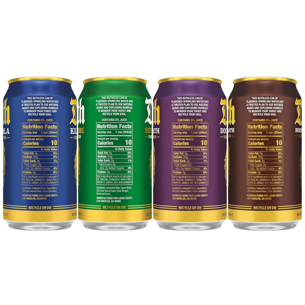 Liquid Death, Soda-Flavored Sparkling Water Variety Pack, 12-Pack (12oz Cans), Low Calorie & No Artificial Sweeteners, 4 Flavors: Severed Lime, Doctor Death, Killer Cola, and Rootbeer Wrath