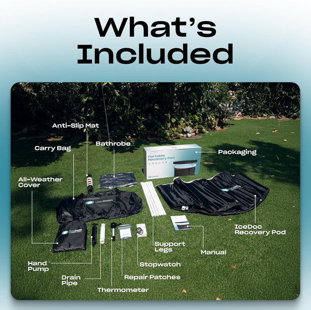 Recovery Long Pod XXL, Cold Plunge Ice Bath Tub for Athletes and Adults, Inflatable Cold Therapy Ice Barrel with Protective Lid Cover, Hooded Bathrobe, Stopwatch, Anti-Slip Mat