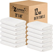 ZUPERIA White Bath Towels Bulk - 20 x 40 Inches, 100% Cotton Economy Light Weight Towels for Commercial Use - Quick Dry, Ultra-Soft, and Absorbent Bulk Towels (12 Pack)