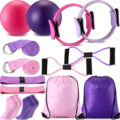 Poen Home Pilates Kit for Women Pilates Equipment Ring and Ball Set with Stretching Strap 8 Resistance Bands Non Slip Socks Gym Back Bags Exercise Equipment for Workout
