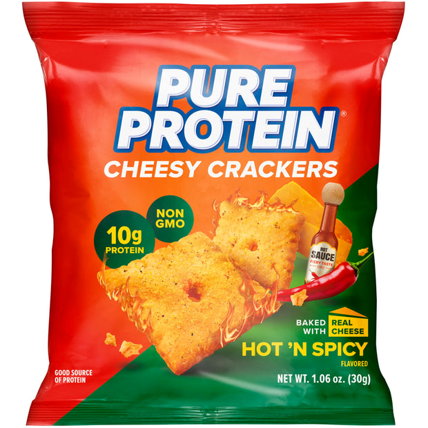 Pure Protein Cheesy Crackers Variety Pack, 6 Hot and Spicy and 6 Cheddar, High Protein Snack, 10G Protein, 1.34 oz, 12 Count