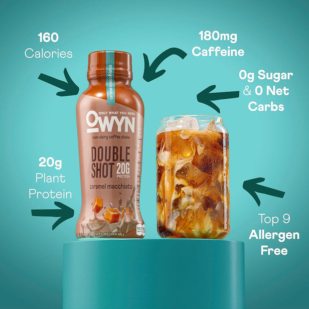 OWYN Only What You Need Double Shot Dairy Free Keto Protein Coffee Shake, Caramel Macchiato, 0g Sugar, 20g Plant Based Protein, 180mg Caffeine, Gluten & Soy Free, Non-GMO, Vegan (12 Pack, 12 Fl Oz)
