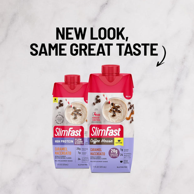 SlimFast Protein Shake with Caffeine, Caramel Macchiato- 20g Protein, Meal Replacement Shakes, High Protein with Low Carb and Low Sugar, 24 Vitamins and Minerals, 12 Count (Pack of 1)