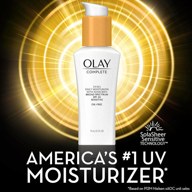 Olay Face Moisturizer, Complete with Sunscreen SPF 30, Fragrance-Free for Sensistive Skin, Broad Spectrum Sun Protection, Long-Lasting Hydration, Non-Comedogenic - Vitamin E & Aloe - 2.5 Oz - 2 Pack