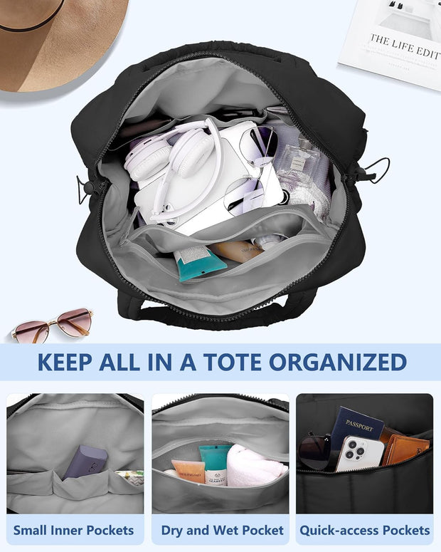 Travel Duffle Gym Bag for Women: Carry on Weekender Bags with Toiletry Bag Duffel Tote Bag with Wet Pocket Water Resistant Overnight Bag for Womens Hospital Work Sports Yoga Bags Black