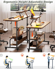 Height Adjustable Standing Desk with Power Outlets and LED Lights - 39" Manual Stand Up Desk with Monitor Stand and Storage Shelves Small Mobile Rolling Computer Desk Portable Laptop Table, Rustic