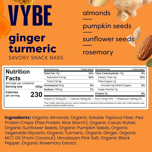 Vybe Snacks Savory Nutrition Bars Turmeric Ginger Flavor | Plant Based Vegan, Zero Added Sugar, Gluten Free, Keto Friendly, No Artificial Ingredients, Organic, 8-9 gm Protein & Gut Friendly Fiber Crunchy & Delicious (Box of 12, 45g each)