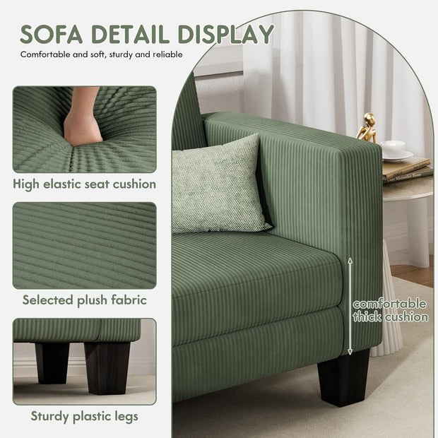 YESHOMY L-Shaped Convertible Sectional Sofa 3 Seater with Corduroy Fabric, Complete with Mobile Footrest, for Living Room, Apartment and Office, 70", Green