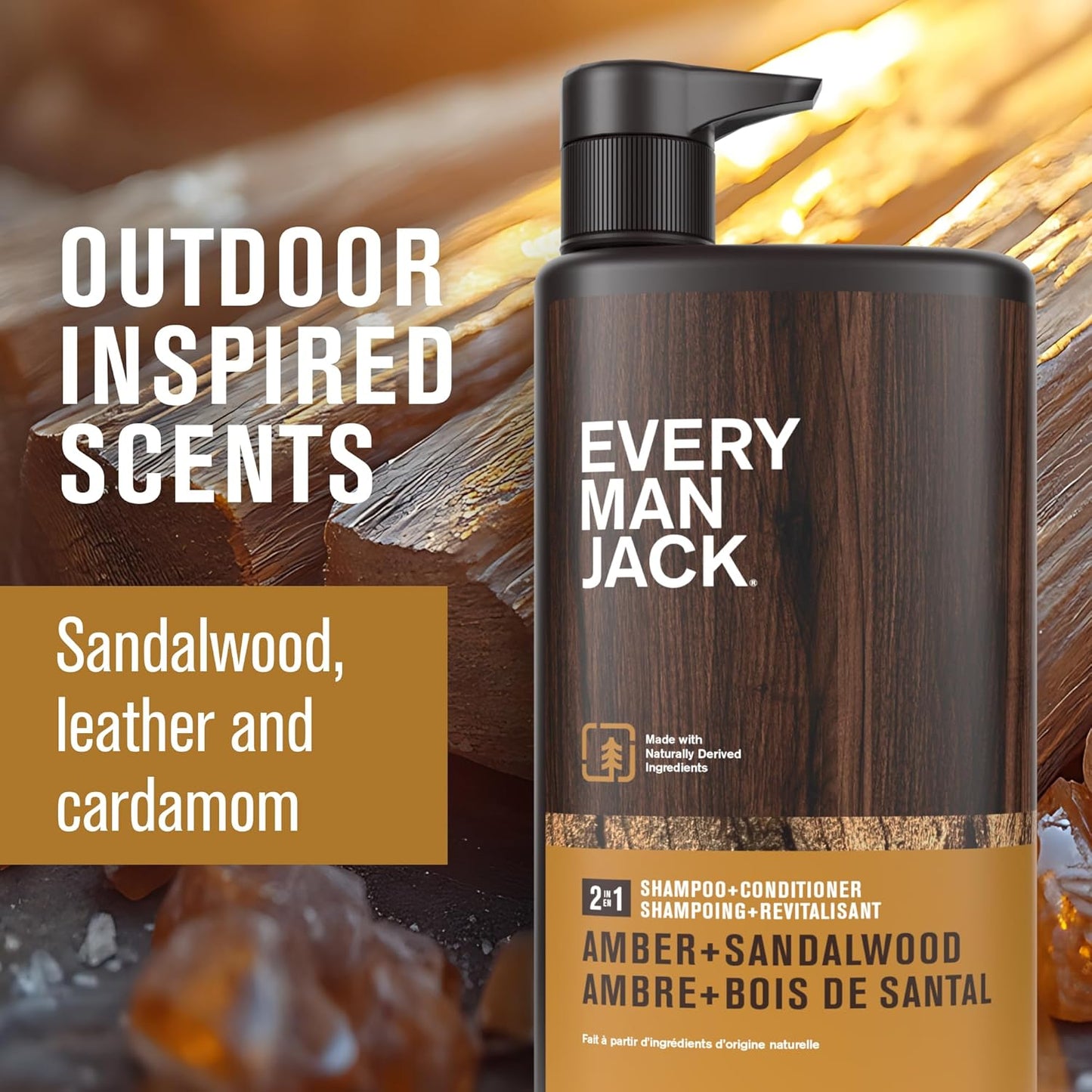 Every Man Jack 2-in-1 Daily Shampoo + Conditioner - Amber + Sandalwood | Nourishing For All Hair Types, Naturally Derived, Cruelty-Free Shampoo and Conditioner Set for Men | 24oz -1 Bottle