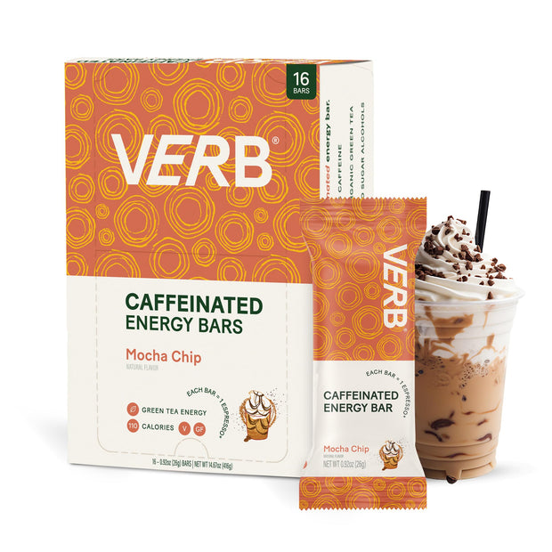 Verb Caffeinated Energy Bars Variety Pack - 2 Delicious Flavors (26g, Pack of 16) 110-Calorie Delicious Low Sugar Energy Bar, Vegan & Gluten Free On-the Go Snack with 80mg Green Tea Caffeine