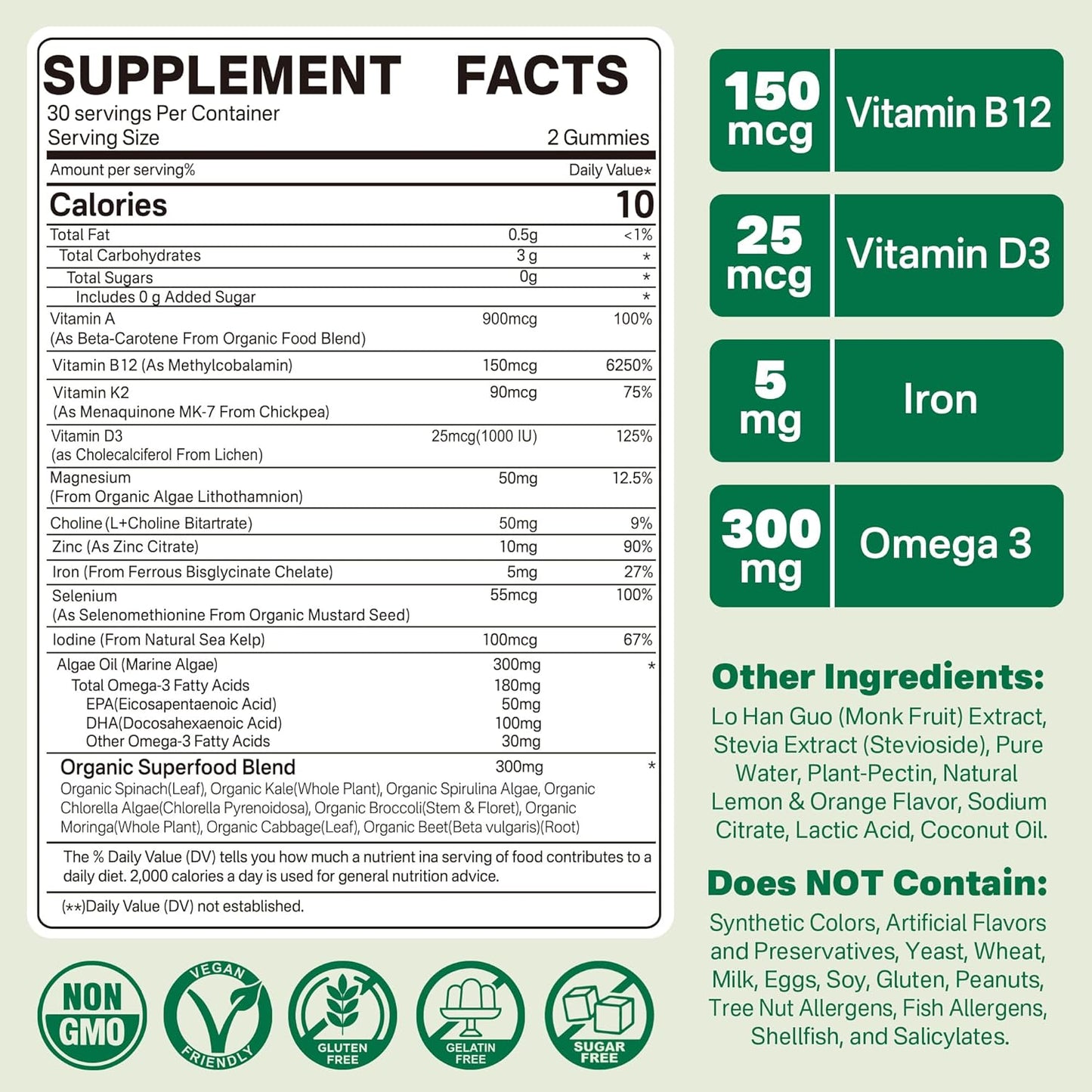 NEVISS Vegan Multivitamin for Women & Men w/Methyl B12, D3 K2, Plant Based Omega 3 (DHA+EPA), Iron, Choline, Zinc, Whole Food Daily Vitamins Gummies for Vegans & Vegetarians, Sugar Free, 60Cts