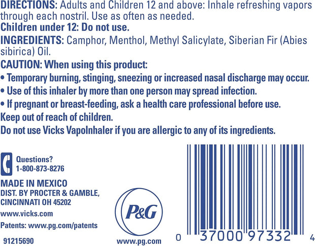 Vicks VapoInhaler, Portable Nasal Inhaler, Non-Medicated, Soothing Vapors, Menthol Scent, 1 Count