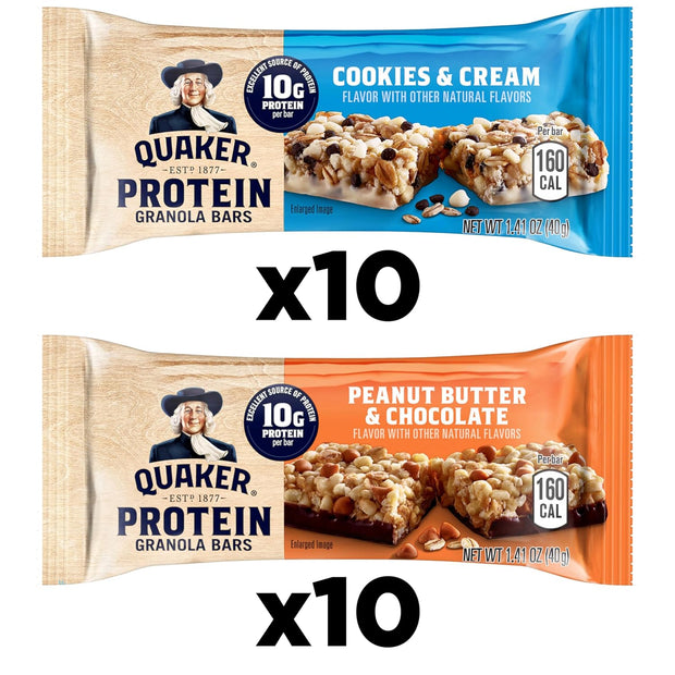 Quaker Protein Granola Bars, 2 Flavor Variety Pack, 10g Protein, 1.41 oz Bars, 20ct