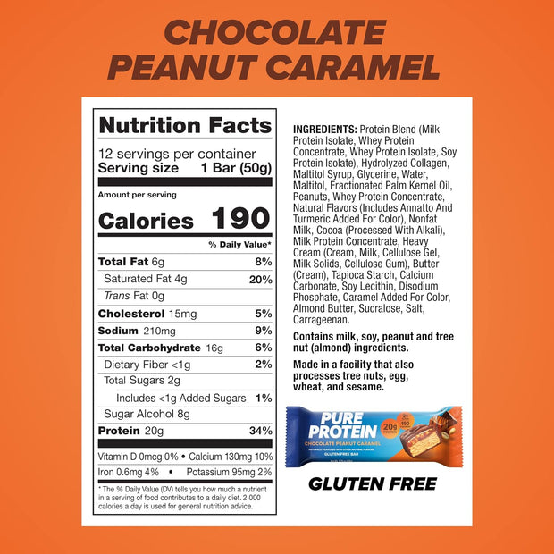 Pure Protein Bars, High Protein, Nutritious Snacks to Support Energy, Low Sugar, Gluten Free, Chocolate Peanut Caramel, 1.76oz, 12 Count (Pack of 1) (Packaging May Vary)