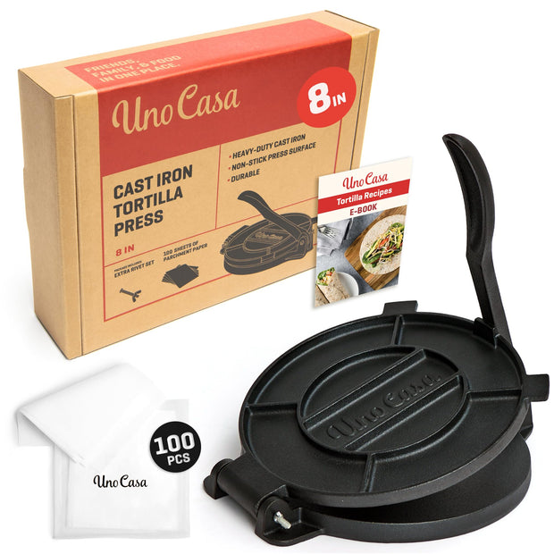 Uno Casa Cast Iron Tortilla Press 8 Inch - Tortilla Maker Press, Pre-Seasoned Roti Maker with 100 Pcs Parchment Paper - Heavy Duty Quesadilla Maker for Homemade Flatbreads, Rotis, Empanadas