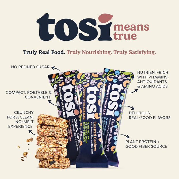 Tosi Cashew Variety Pack Protein Bars, Plant Based with Nuts, Gluten-Free Crunchy Snacks, Vegan, Organic, Flax & Chia Seeds, Soy-Free, Omega 3s, 5G Protein, 1 oz, 12-Pack