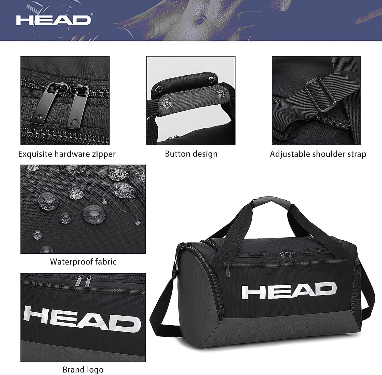 HEAD 45L Waterproof Tennis Duffel Bag for Men, Large Capacity Sports Gym Bags with Shoes Compartment, Lightweight Crossbody Duffle Bag for Business/Workout/Fitness/Weekender/Overnight