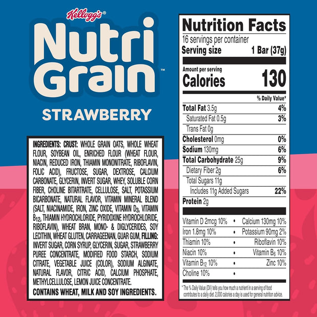 Nutri-Grain Breakfast Bars, Made with 10g Whole Grains, Snack Bars, Strawberry, 20.8oz Box (16 Bars)