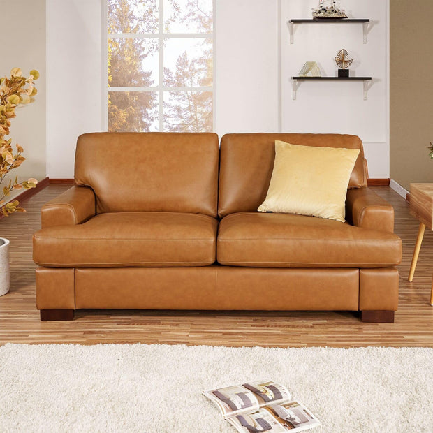Naomi Home Siggy Genuine Leather Sofa - Set of 3 Luxurious Comfort, Goose Feather Cushion Filling, Square Arm Design, Sturdy Block Legs, Elegant Tan - Ideal for Living Room, Office, or Bedroom
