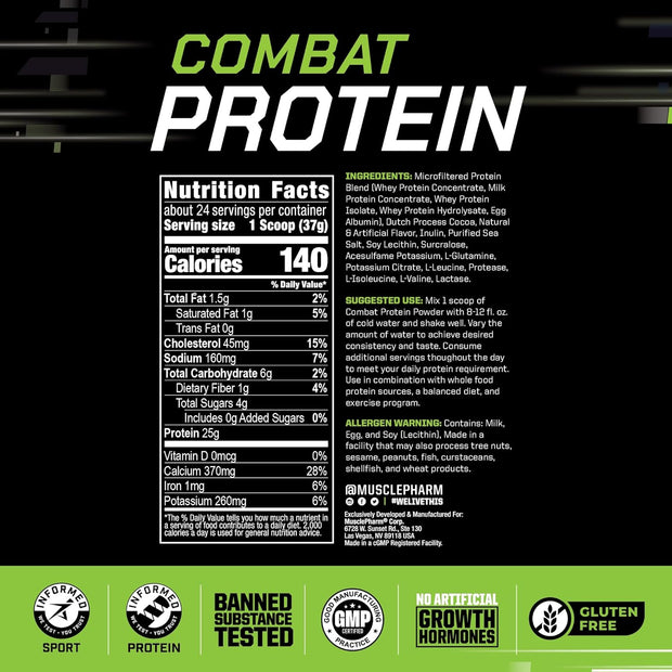 MusclePharm Combat Protein Powder, Chocolate Milk Flavor, Fuels Muscles for Productive Workouts, 5 Protein Sources Including Whey Protein Isolate & Egg Albumin, Gluten Free, 2 lb, 24 Servings