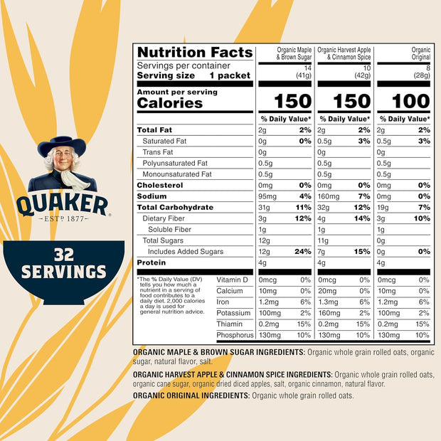 QUAKER Instant Oatmeal, USDA Organic, Non-GMO Project Verified, 3 Flavor Variety Pack, Individual Packets, 32 Count (Pack of 1)