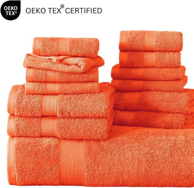 Lane Linen 100% Cotton Luxury Bath Towel Set - 18 Pieces - Ring Spun, Ultra Soft, Quick Dry & Extra Absorbent - 4 Bath, 8 Washcloths, 6 Bathroom Hand Towels - Machine Wash in Cold Water - Living Coral