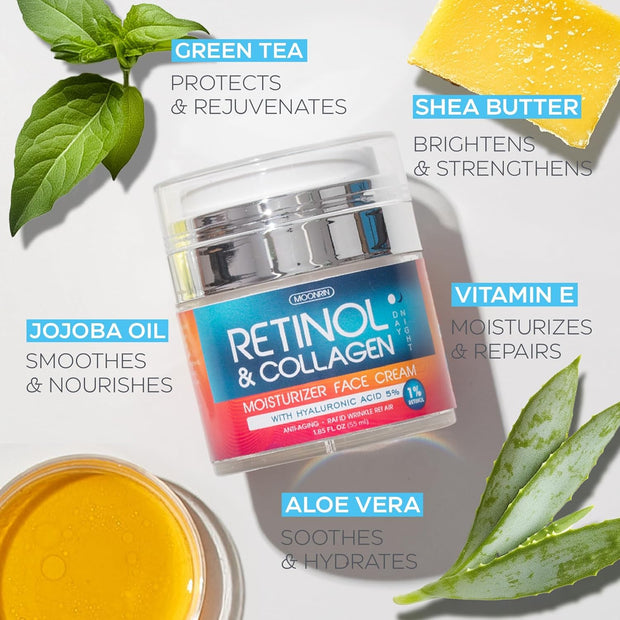 Retinol Cream for Face with Hyaluronic Acid, Anti Aging Wrinkle Cream for Women and Men, Day and Night Collagen Moisturizer to Minimize Wrinkles, Dryness, 1.85 Oz