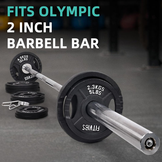 Olympic Cast Iron 2-Inch Weight Plates Including 5FT Olympic Barbell Bar & Safely Locks, 100 Pounds Set (85 lbs Plates + 15 lbs Barbell Bar), Multiple Packages