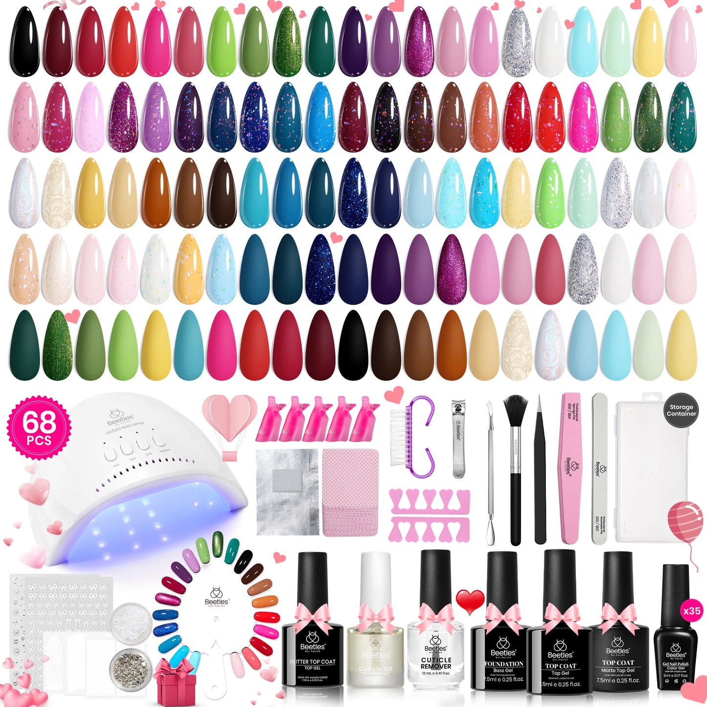 Beetles Gel Nail Polish Set,119 PCS 100 Colors Gel Polish Kit Base Glossy Matte Glitter Top Coat Neon Glitter Pearl Cat Eye White Red Pink Nude Nails Gift for Women Beetles Infinite Styles 100 Colors